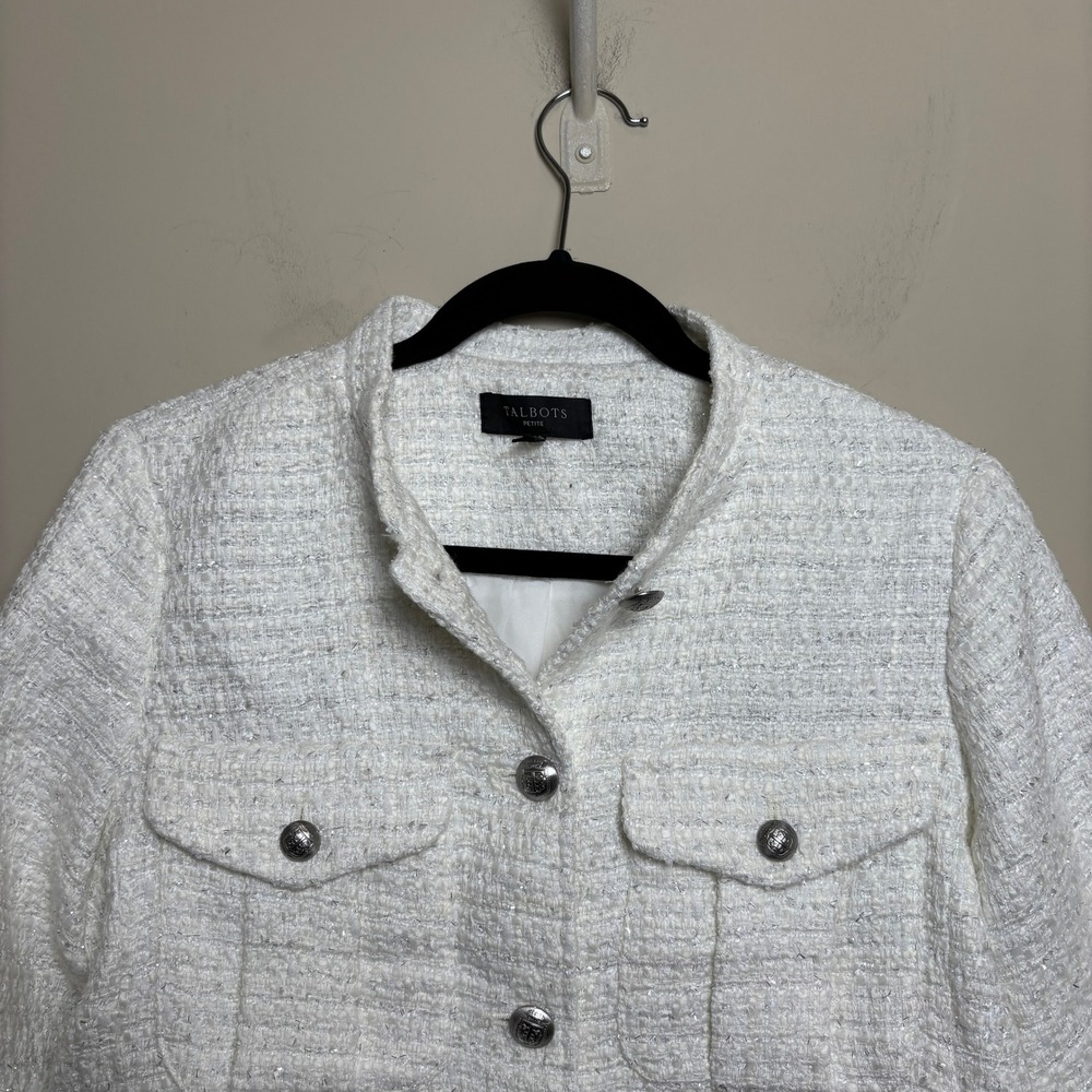 Talbots Petite Metallic Boucle Crop Silver Button Tweed Bomber Jacket Womens MP - Picture 2 of 9